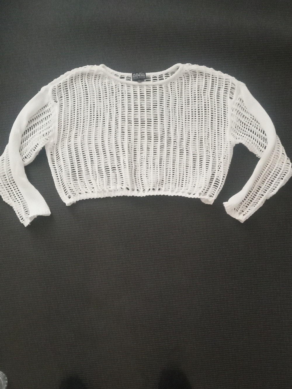 Women's White Open-Knit Cropped Crewneck Sweater